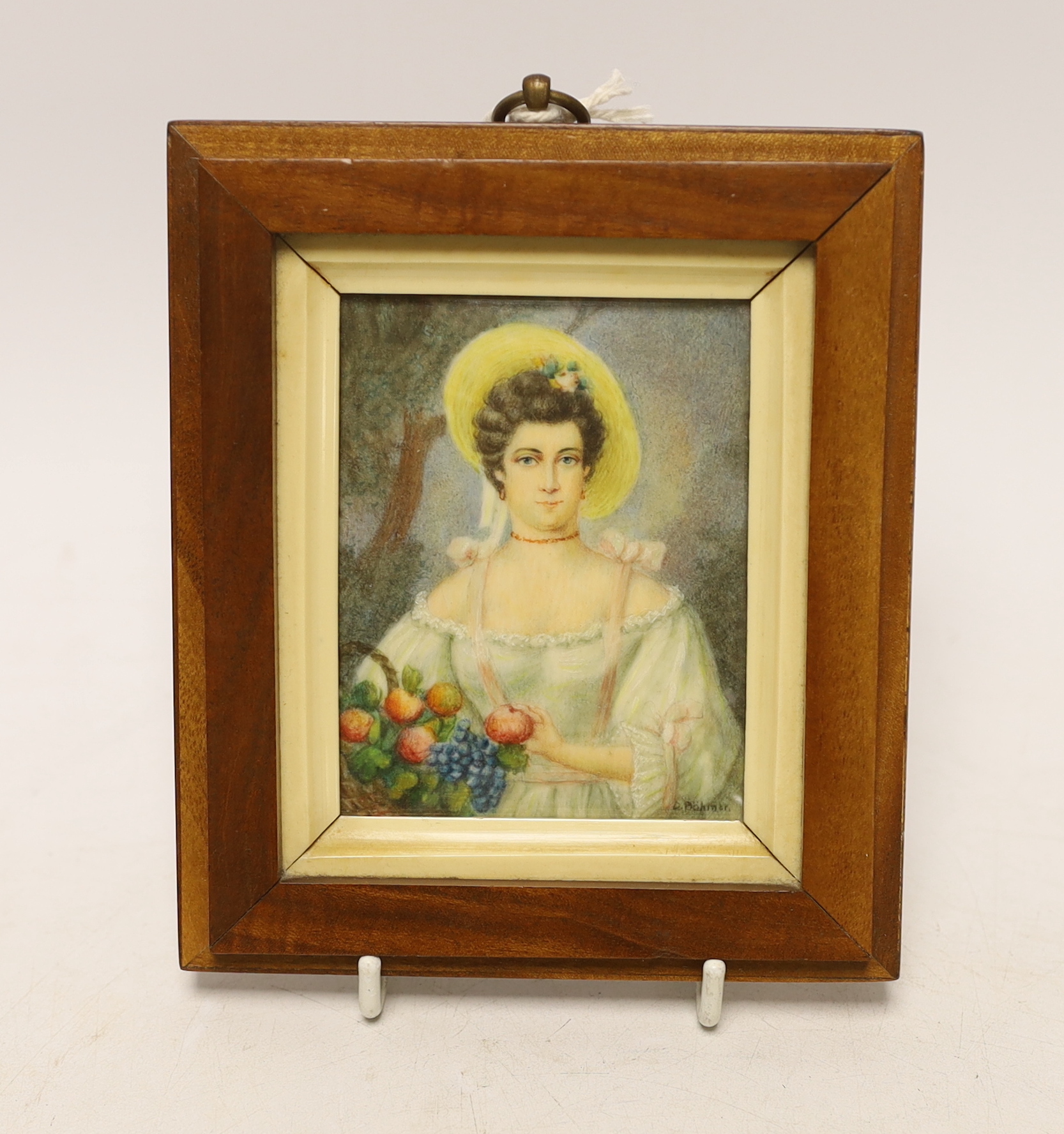 O. Bohmer (German), watercolour on ivory, portrait miniature, Lady holding fruit, 8 x 6cm CITES Submission reference Y2FNHJWY